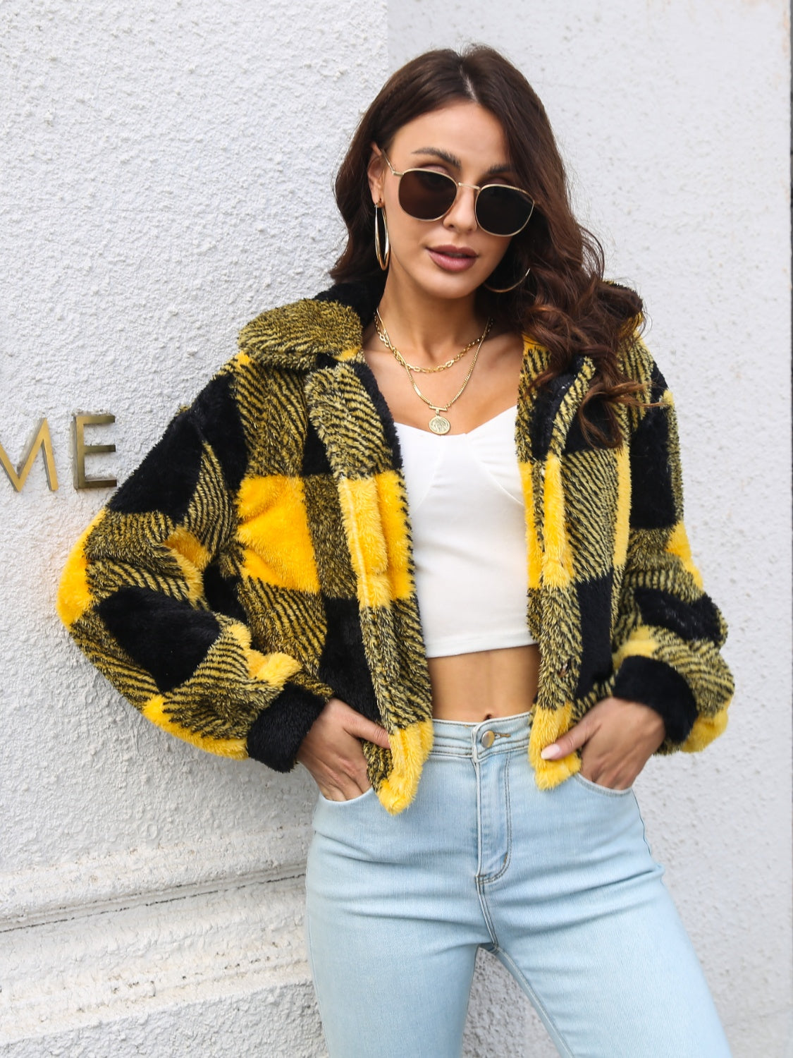 Plaid Dropped Shoulder Buttoned Jacket Gold