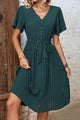 Buttoned V-Neck Flutter Sleeve Pleated Dress Forest