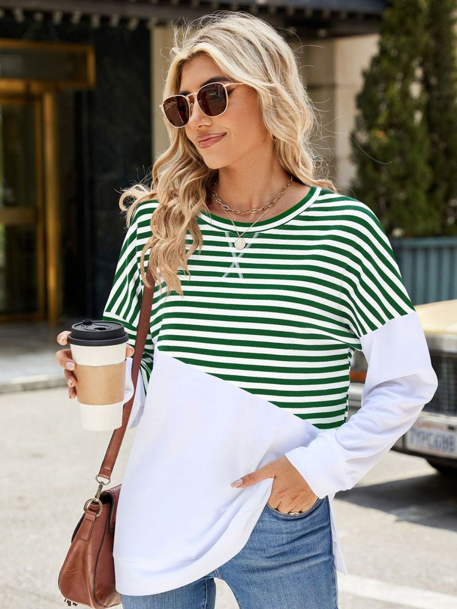 Slit Contrast Striped Long Sleeve Sweatshirt Black Forest