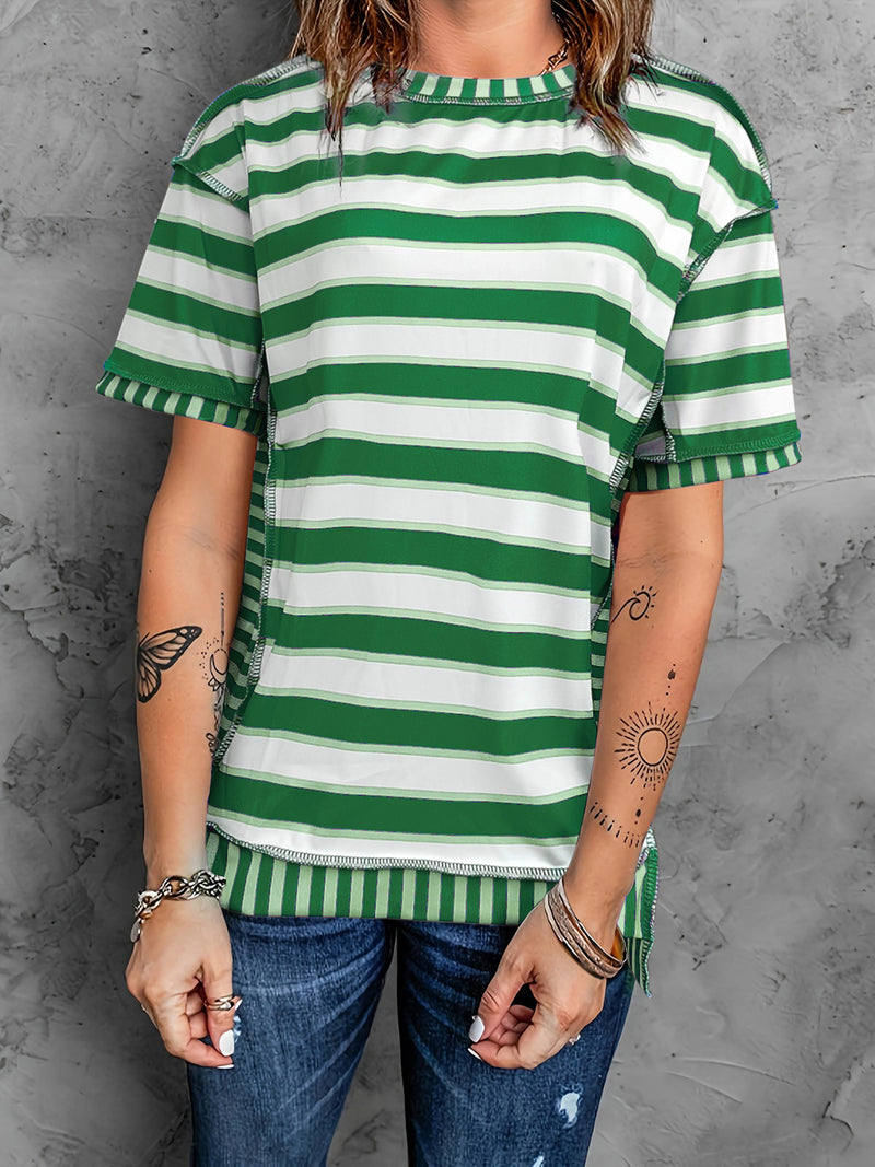 Full Size Contrast Stitching Striped Round Neck T-Shirt