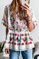 Floral Print Round Neck Ruffle Trim Blouse Floral