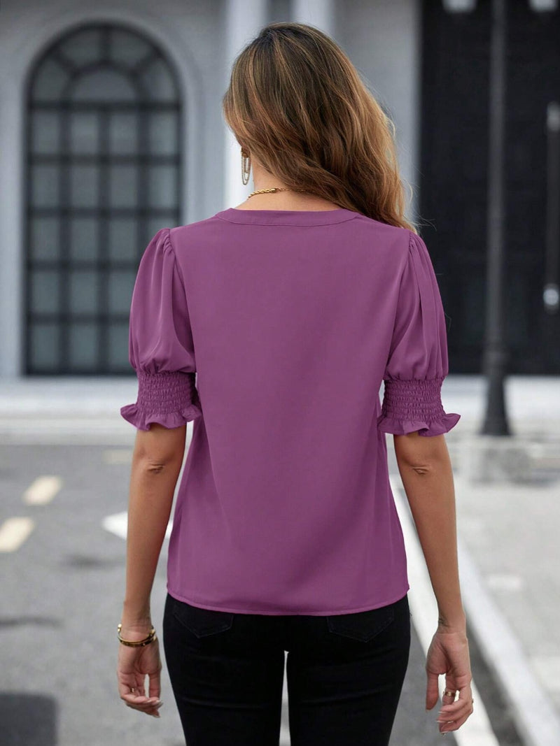 Notched Short Sleeve Blouse