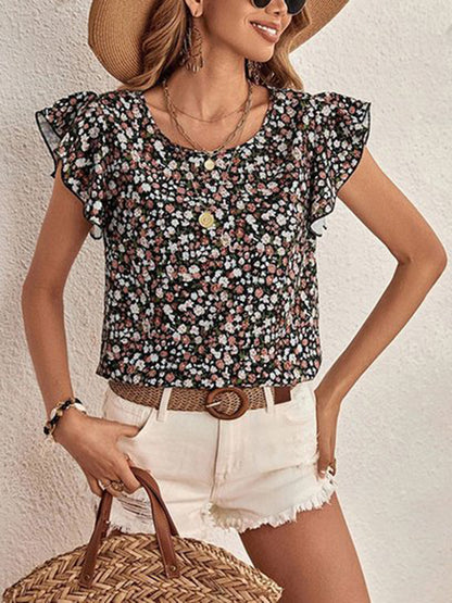 Ditsy Floral Round Neck Cap Sleeve Top Black