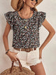 Ditsy Floral Round Neck Cap Sleeve Top Black