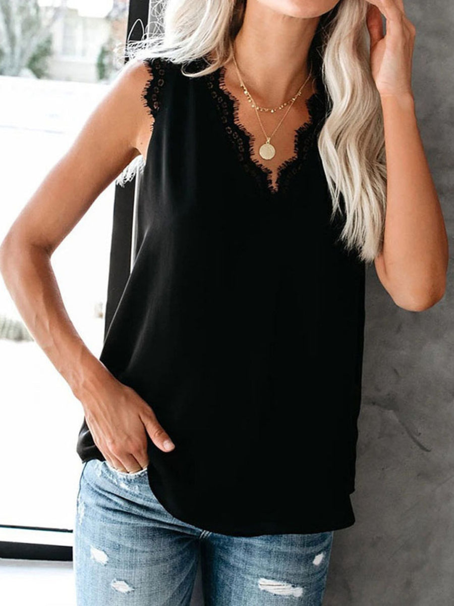 Lace Detail V-Neck Tank Black