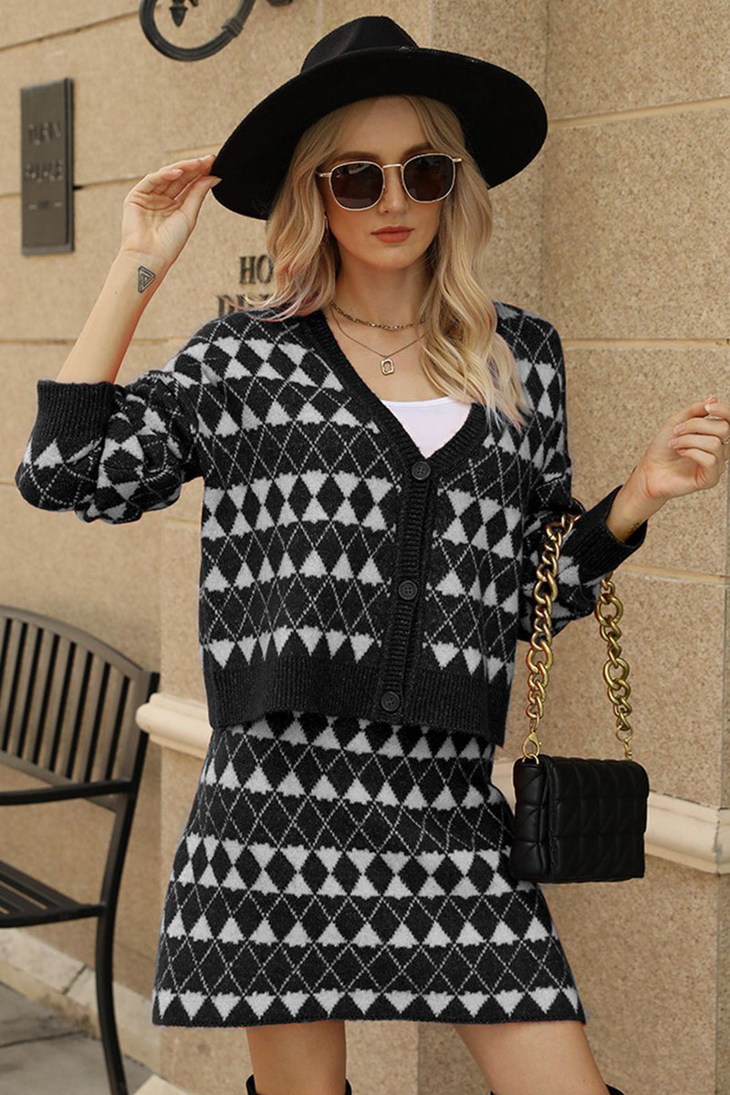 Geometric Dropped Shoulder Cardigan and Knit Skirt Set Black