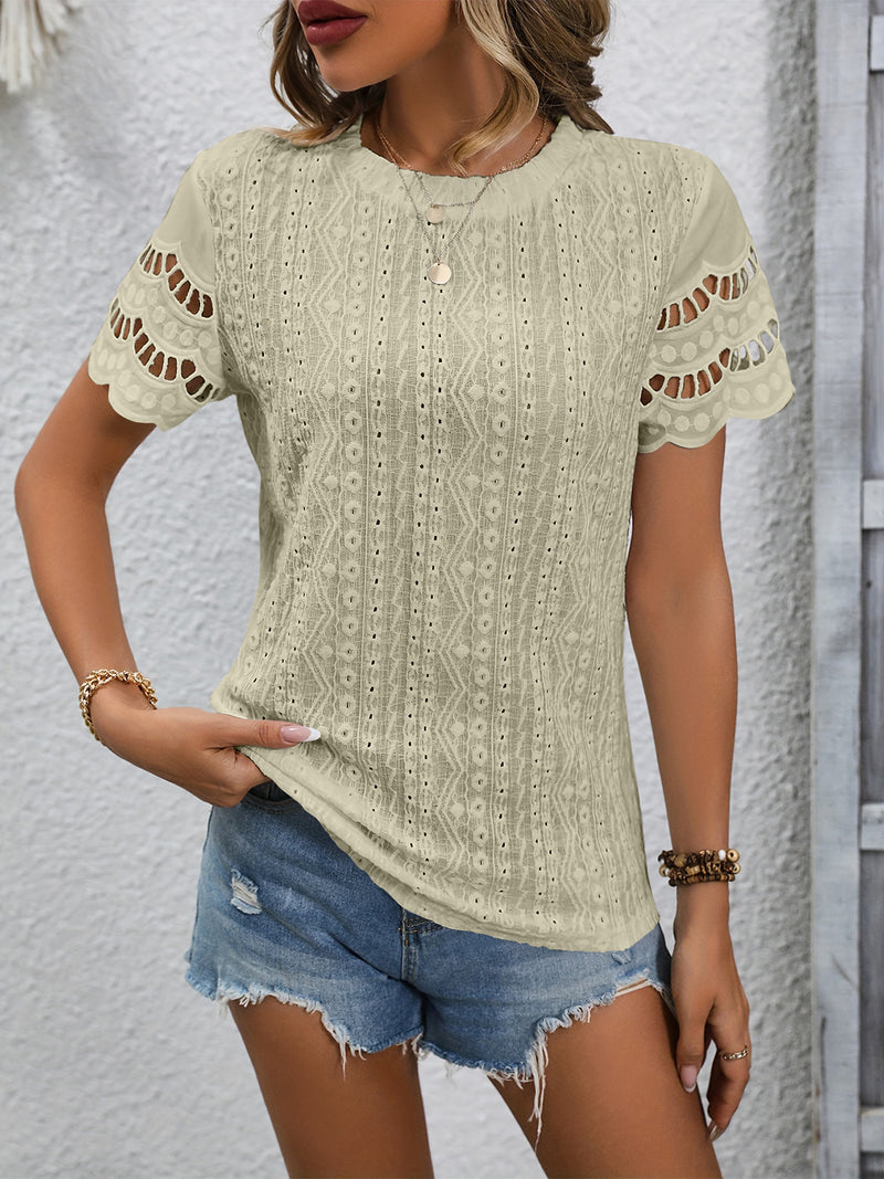 Full Size Eyelet Round Neck Short Sleeve Top Sage