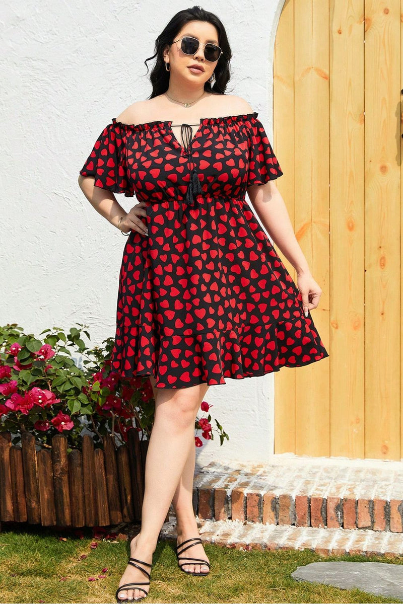 Plus Size Heart Print Off-Shoulder Tied Dress