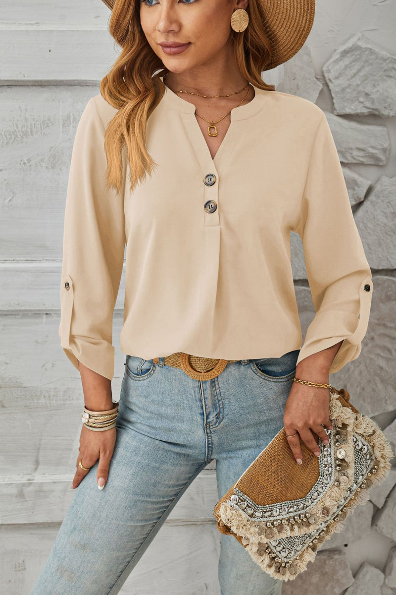 Decorative Button Notched Long Sleeve Blouse Ivory