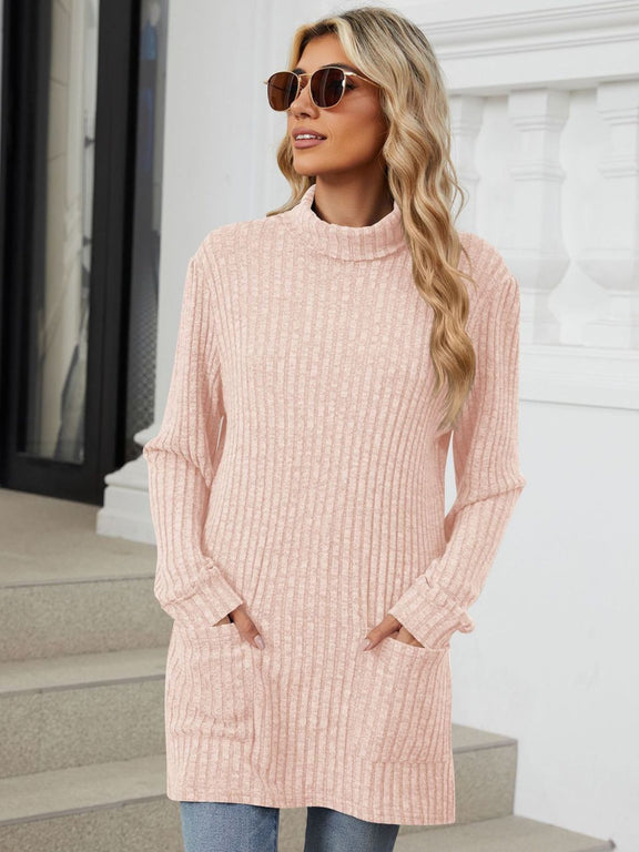 Ribbed Mock Neck Long Sleeve T-Shirt Watermelon pink