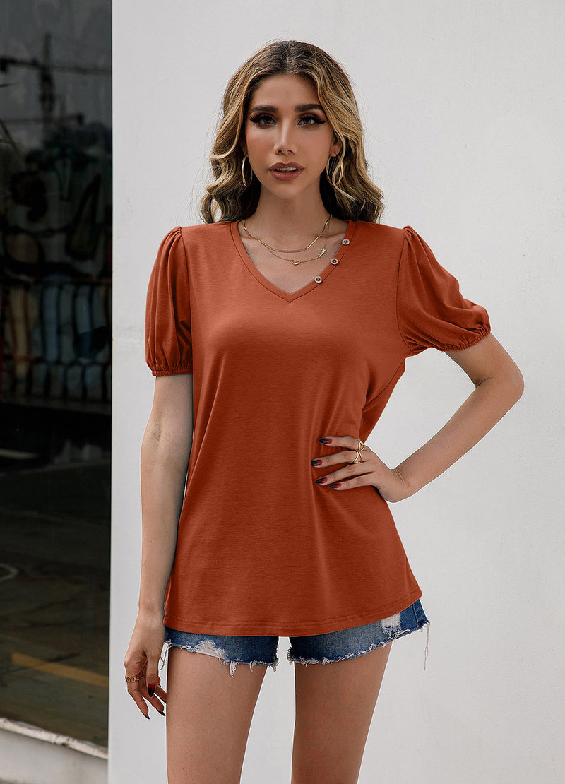 Ivy Lane V-Neck Decorative Buttons Puff Sleeve Tee Caramel