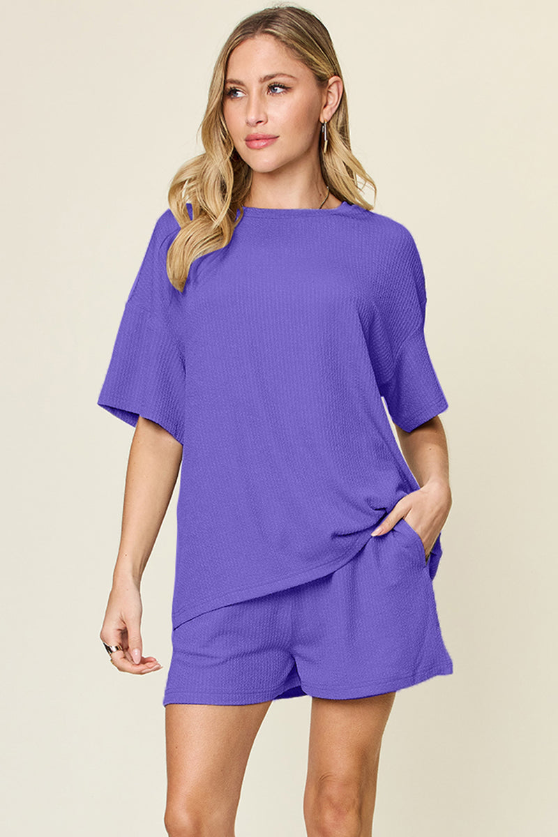 Double Take Full Size Round Neck Short Sleeve T-Shirt and Shorts Set Light Indigo