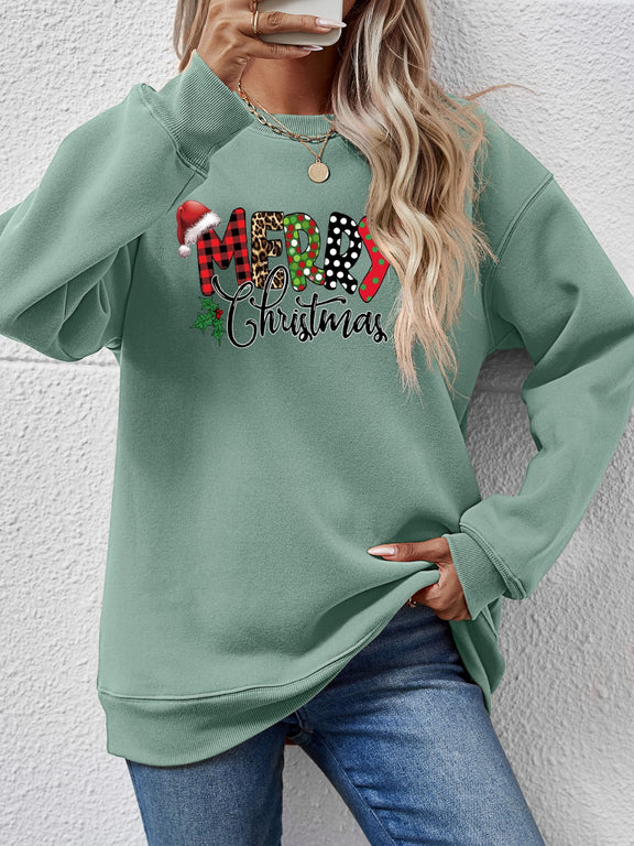 MERRY CHRISTMAS Round Neck Dropped Shoulder Sweatshirt Sage