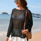 Openwork Slit Boat Neck Long Sleeve Cover-Up