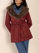 Fuzzy Collared Neck Tie Waist Jacket Burgundy