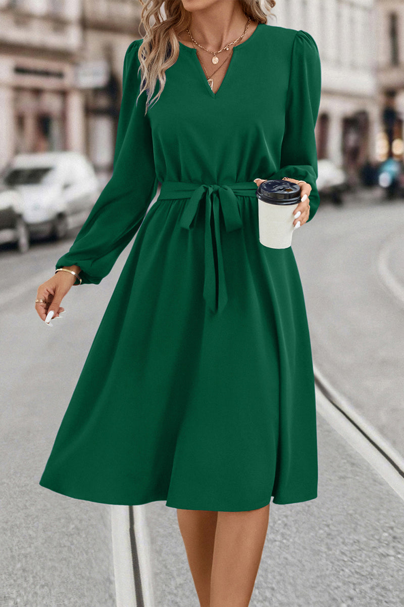 Tie Waist Notched Neck Long Sleeve Dress Green