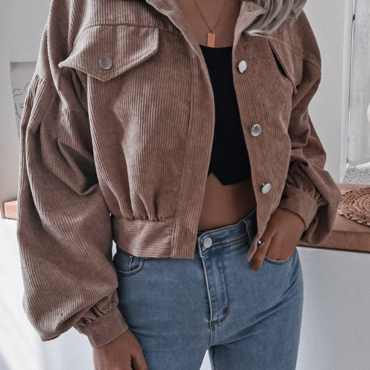 Lantern Sleeve Cropped Corduroy Jacket Khaki