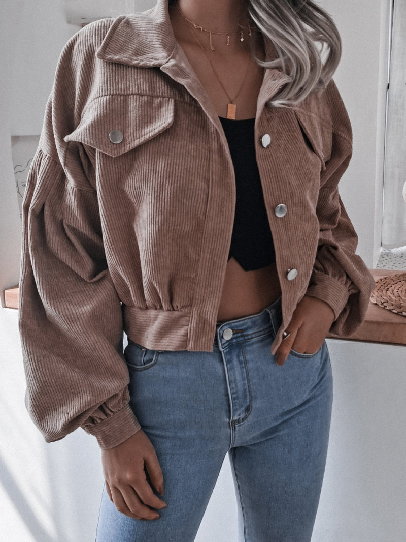 Lantern Sleeve Cropped Corduroy Jacket Khaki