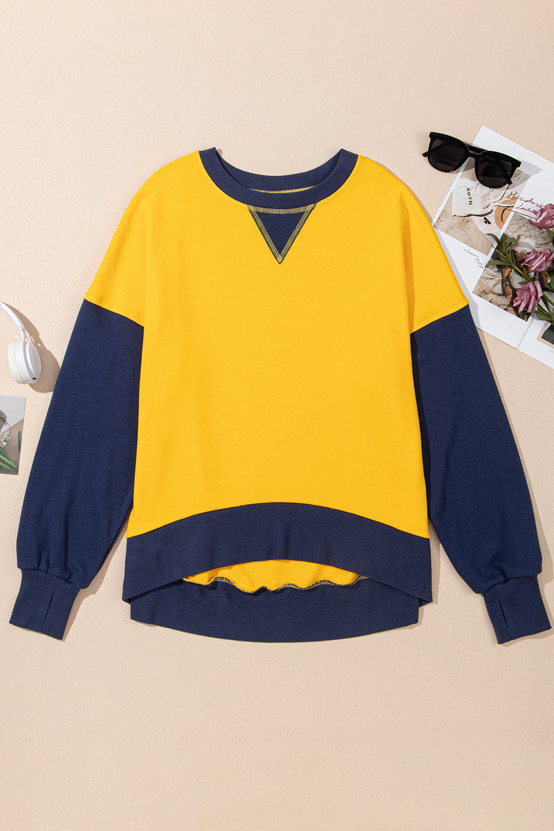 Contrast Round Neck Long Sleeve Sweatshirt Yellow