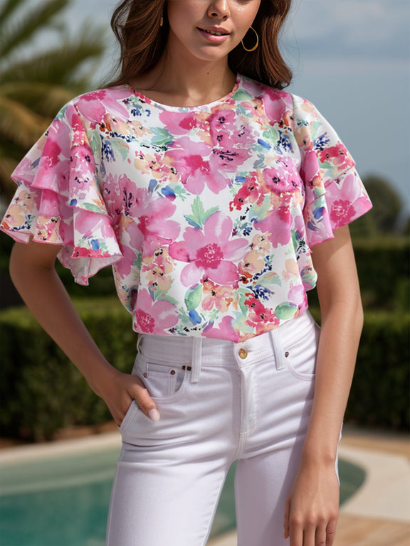 Floral Round Neck Flutter Sleeve Blouse Pink