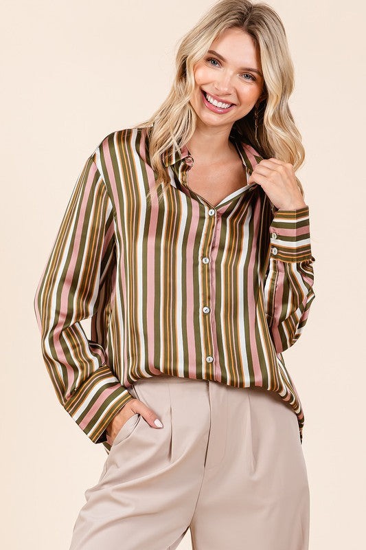 Mittoshop Striped Button Down Satin Shirt MAUVE MULTICOLOR