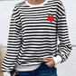 Heart Patch Striped Round Neck Long Sleeve Sweatshirt