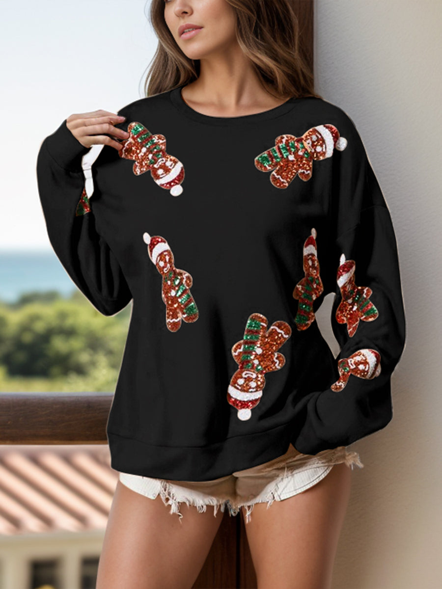 Sequin Gingerbread Man Long Sleeve Sweatshirt Black