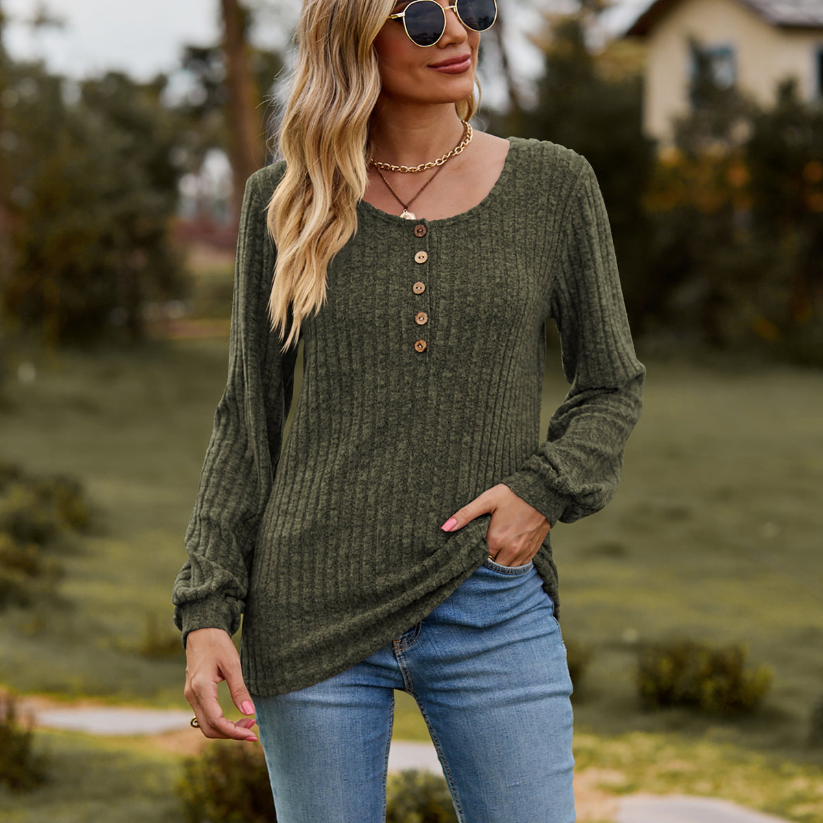 Round Neck Button-Down Long Sleeve Tee Army Green