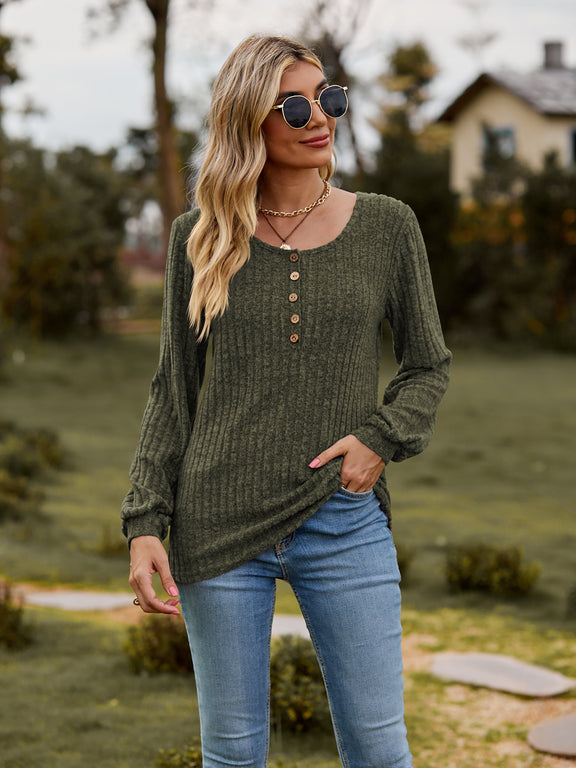 Round Neck Button-Down Long Sleeve Tee Army Green