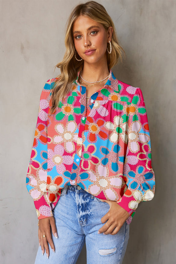 Floral Print Lantern Sleeve Collared Neck Shirt Multicolor