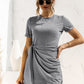 Round Neck Cuffed Sleeve Side Tie Dress