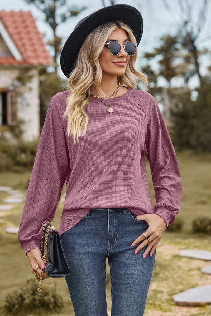 Round Neck Raglan Sleeve Sweatshirt Pink Purple