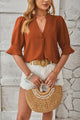 Notched Half Sleeve Blouse Brown