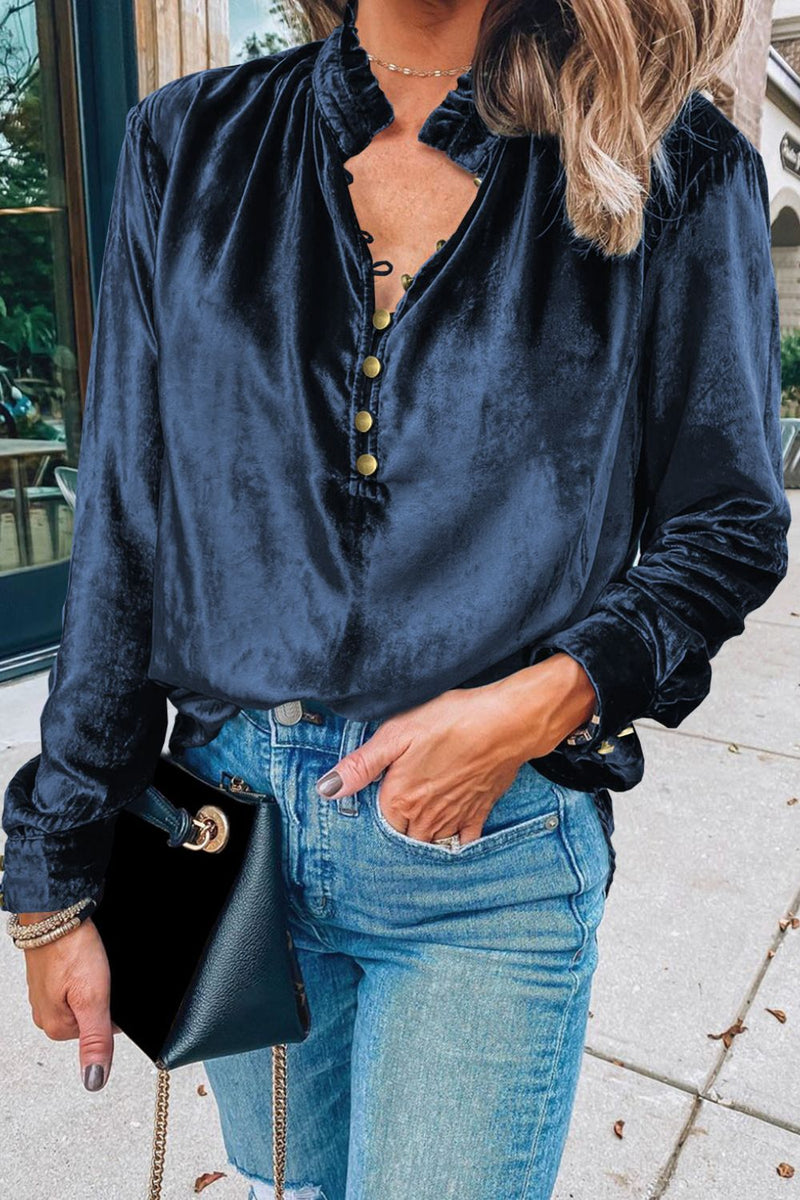Frill Half Button Mock Neck Long Sleeve Blouse Peacock Blue