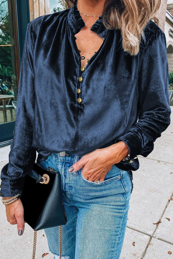 Frill Half Button Mock Neck Long Sleeve Blouse Peacock Blue