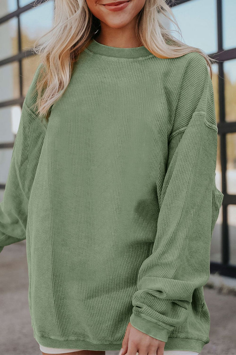 Ribbed Round Neck Drop Shoulder Sweatshirt Sage