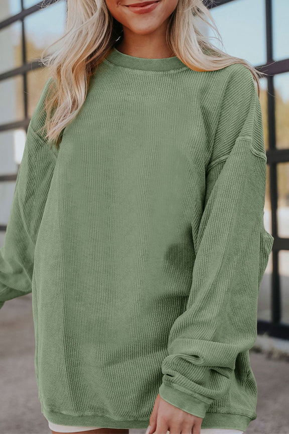 Ribbed Round Neck Drop Shoulder Sweatshirt Sage