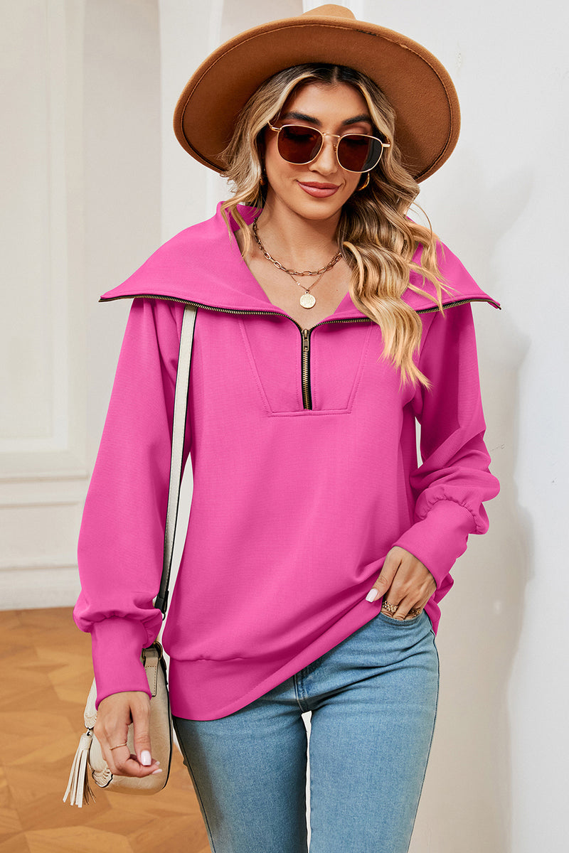 Half Zip Lantern Sleeve Sweatshirt Hot Pink