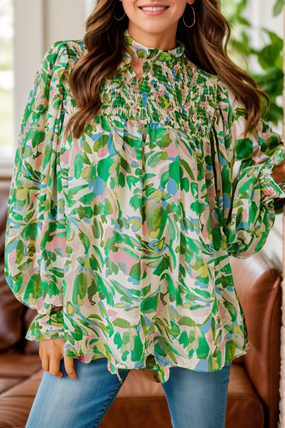 Frill Printed Mock Neck Flounce Sleeve Blouse Green
