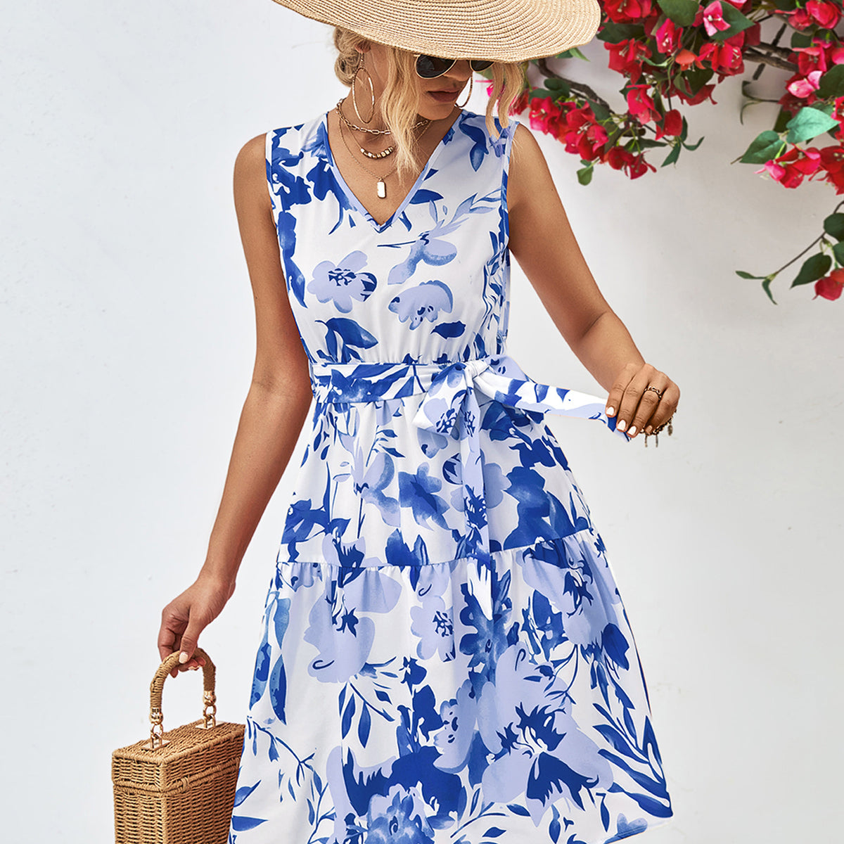 Floral V-Neck Tie Waist Sleeveless Dress