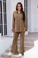 Drawstring Flounce Sleeve Shirt and Pants Set Mocha