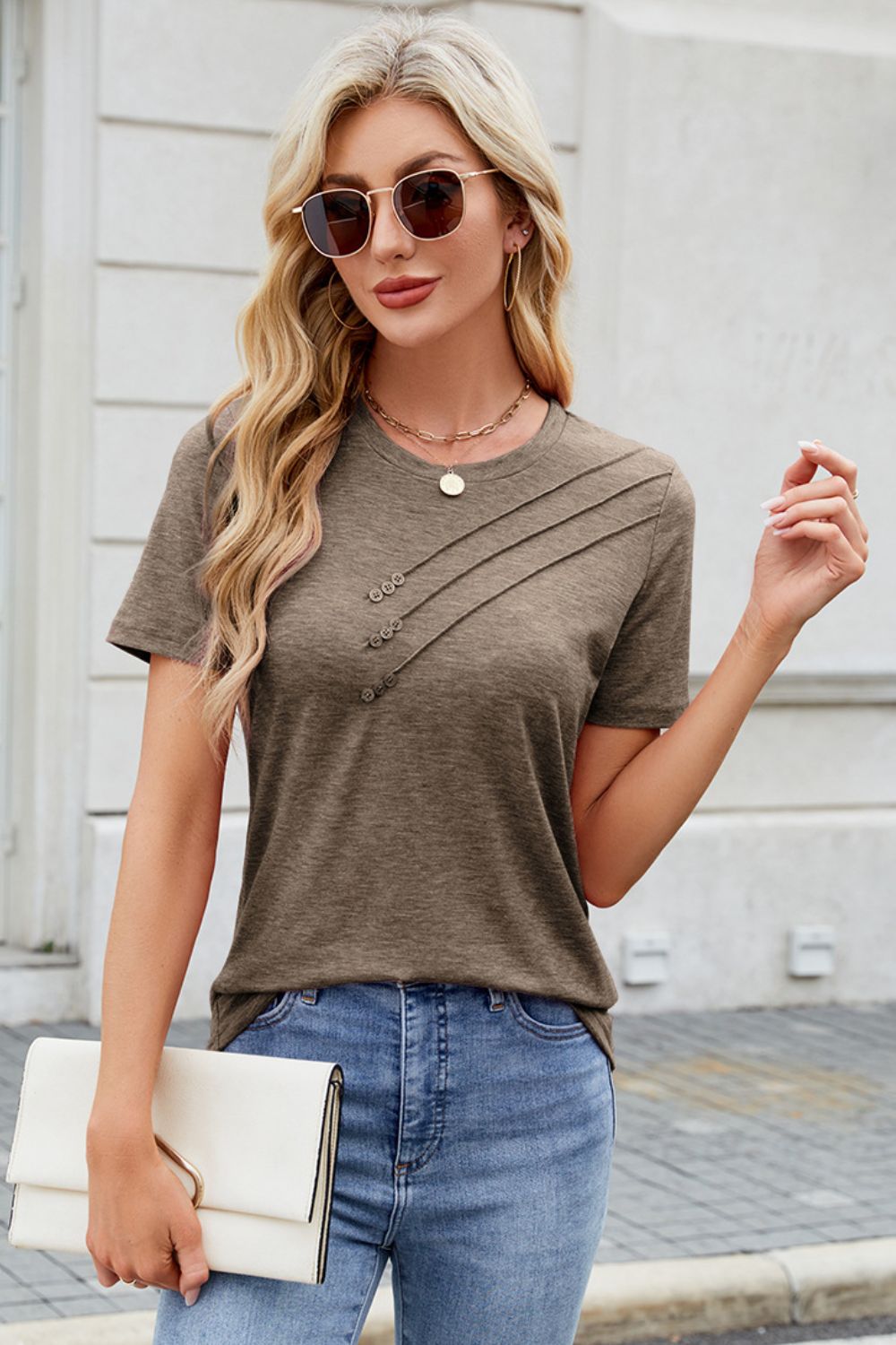 Round Neck Short Sleeve T-Shirt Khaki