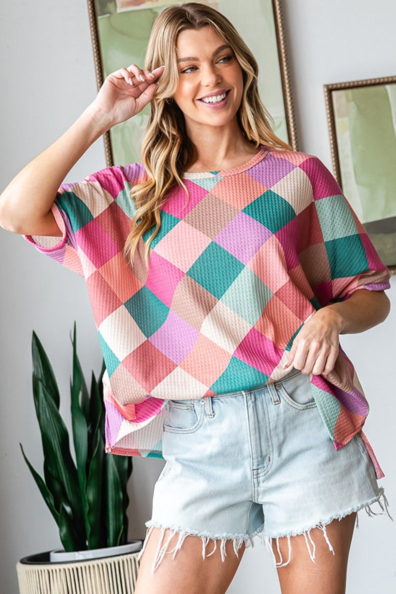 HOPELY Full Size Multi Colored Argyle Side Slit T-Shirt