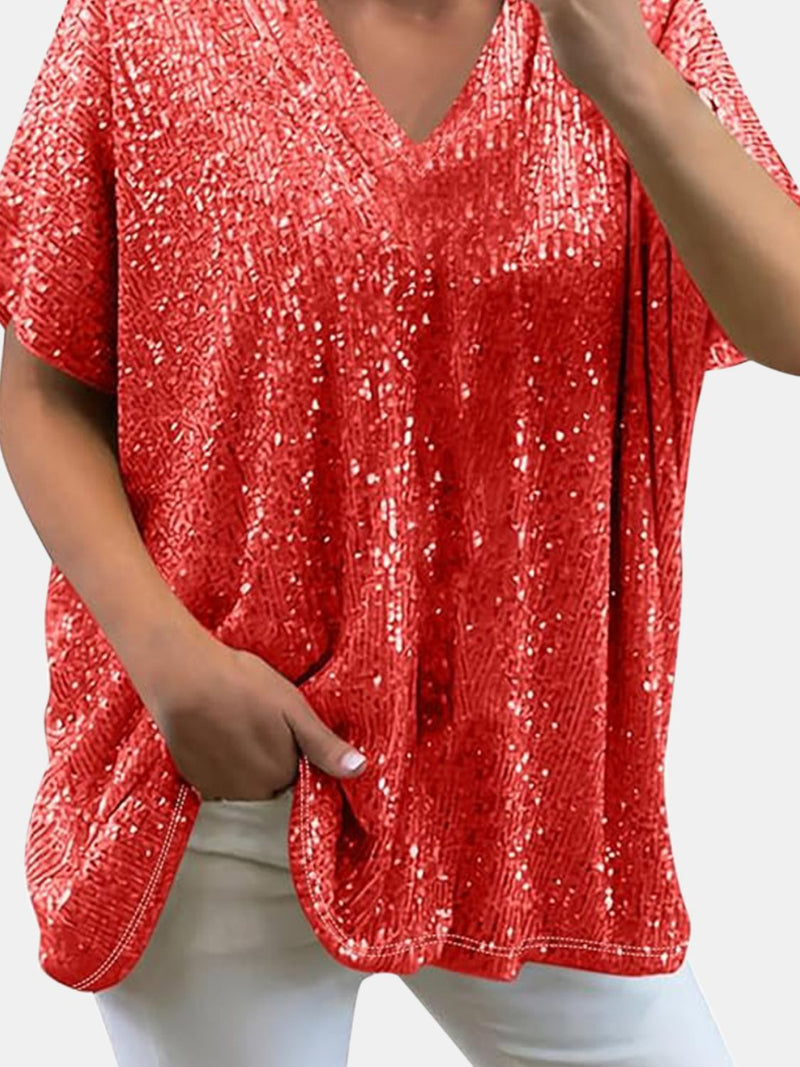 Full Size Sequin V-Neck Short Sleeve Top Red