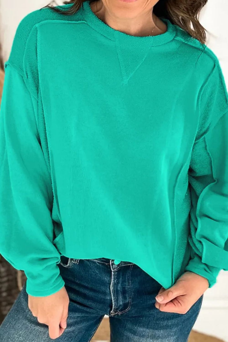 Exposed Seam Round Neck Long Sleeve Sweatshirt Turquoise