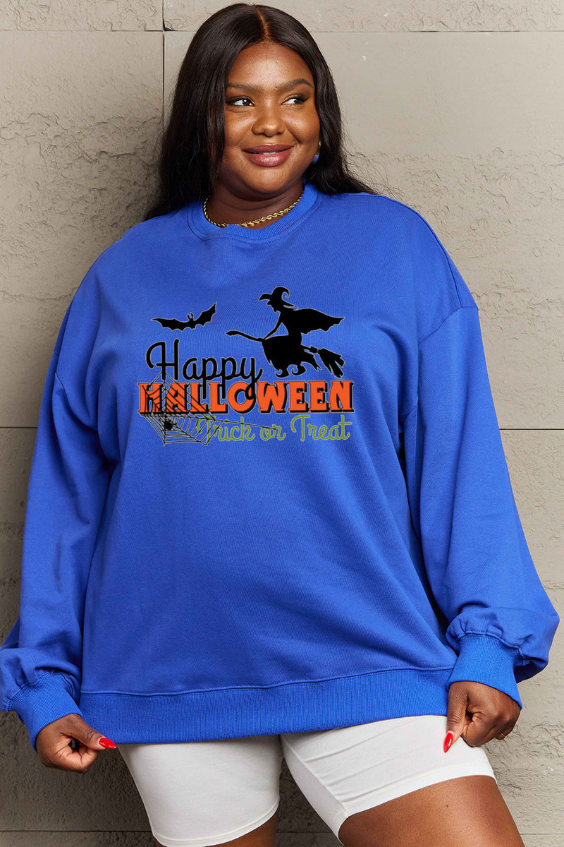 Simply Love Full Size HAPPY HALLOWEEN TRICK OR TREAT Graphic Sweatshirt Royal Blue