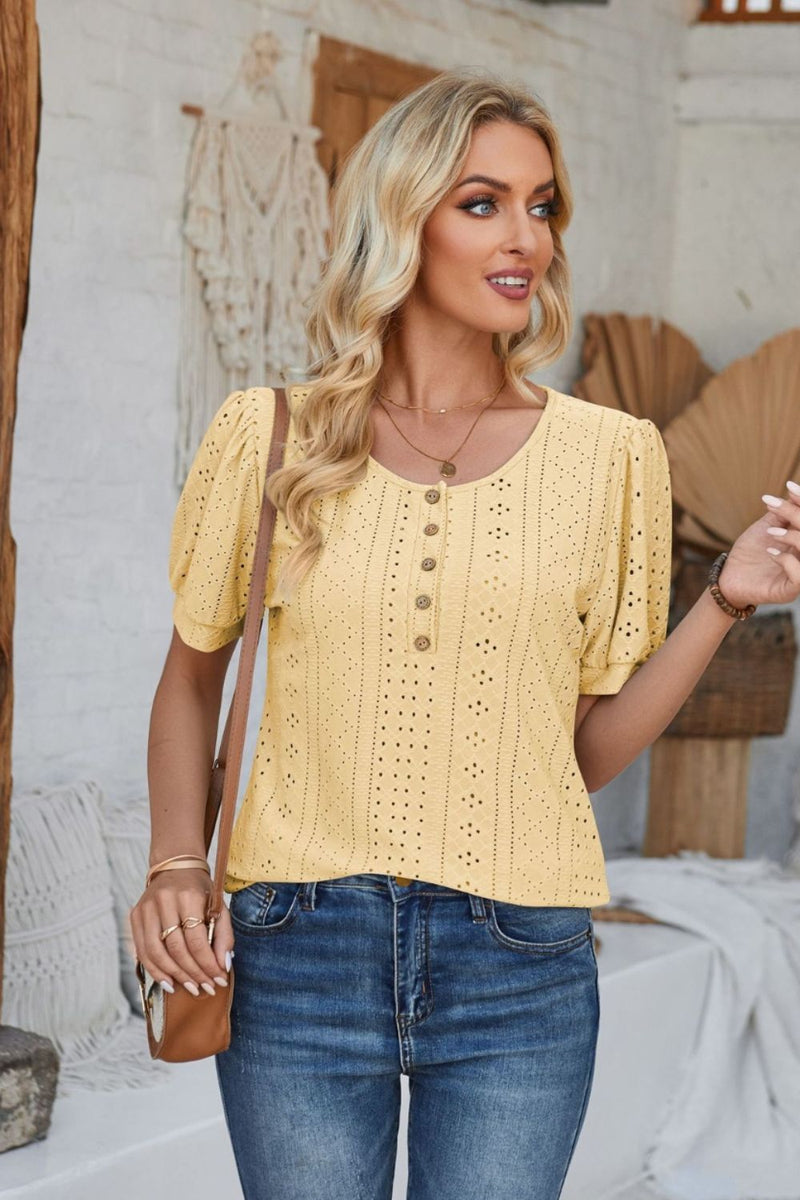 Eyelet Round Neck Short Sleeve Blouse Light Yellow