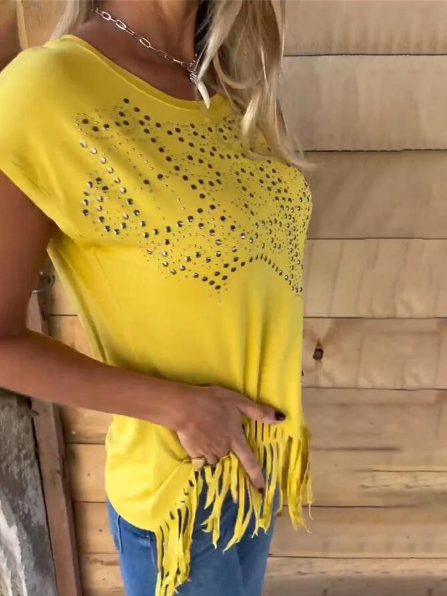 Studded Fringe Round Neck Cap Sleeve T-Shirt Yellow