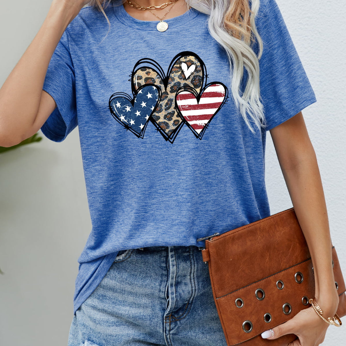 US Flag Leopard Heart Graphic Tee Cobalt Blue