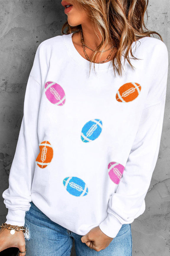 Football Round Neck Long Sleeve Sweatshirt White